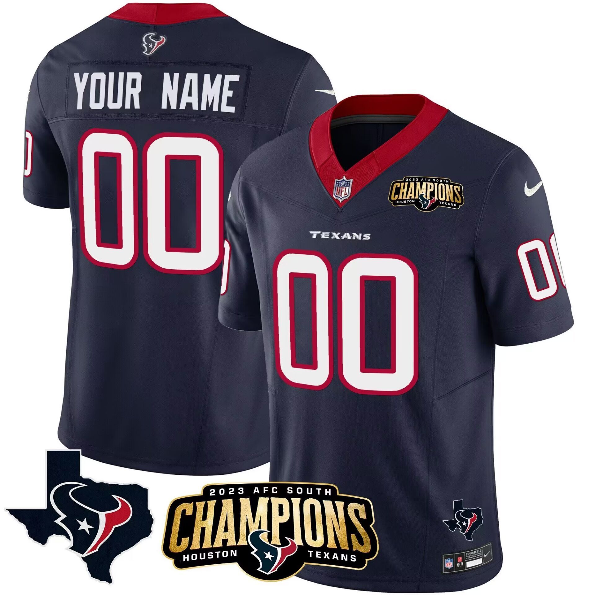 Men's Houston Texans Active Player Custom Navy 2023 F.U.S.E. AFC South Champions Patch And Team Logo Patch Limited Stitched Football Jersey